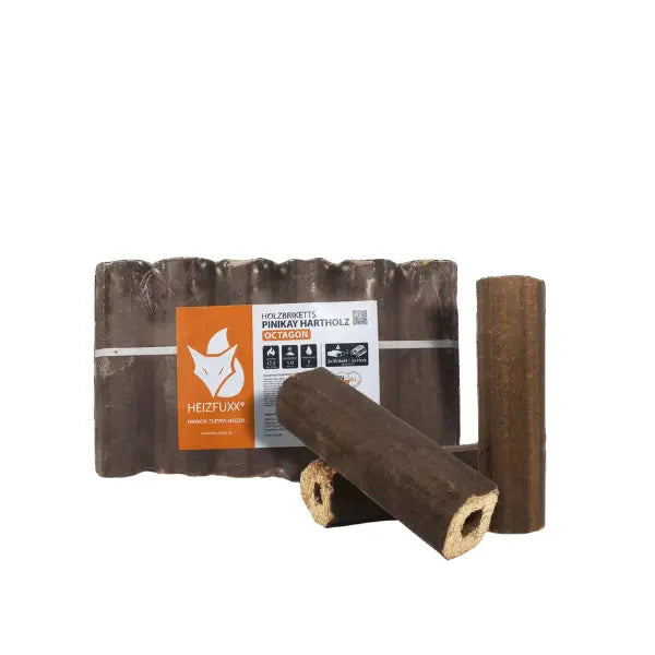 Heizfuxx PiniKay Octagon Holzbriketts Hartholz – 960 kg Palette (96×10 kg), Heizwert ≥4,8 kWh/kg, achteckig mit Loch